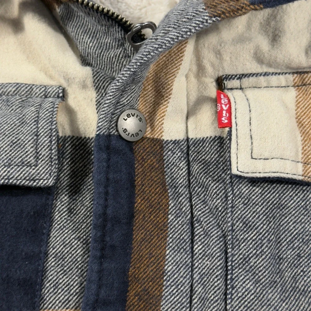 Levis Mens Plaid Hooded Flannel Jacket Sherpa Lined Navy Brown Small RN54163